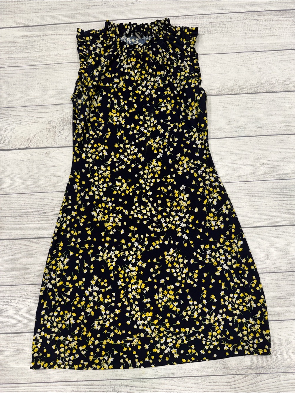Tommy Hilfiger Navy Yellow Floral Sleeveless Shift Dress Size 4 Ruffle Neck